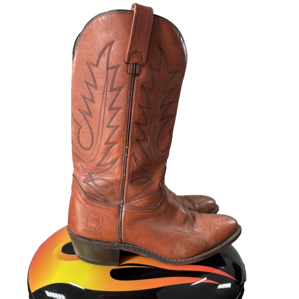 VTG Western Cowboy Boots Mens Size 8 Brown Leather Pointed Toe Mid Calf Stitched